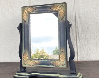 Vintage Swivel Tabletop Vanity Mirror with Leaf Design Frame | Art Nouveau Style Plastic Dressing Mirror | Retro Hollywood Regency Decor