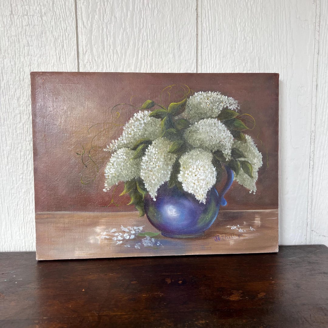 Original Vintage Oil Painting of White Lilacs in Blue Vase | Still Life ...