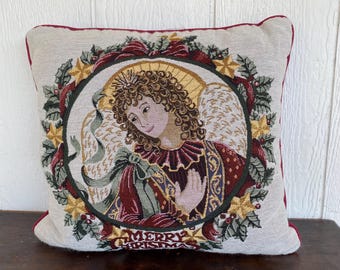 Vintage Riverdale kerstengel tapijt sierkussen, decoratie voor de feestdagen, gemaakt in de VS, borduurstijl accentkussen 15 x 15