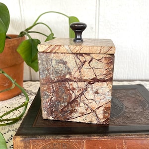 May include: A square marble box with a lid and a dark brown knob. The box is beige with brown and gray veining. The box is sitting on a stack of books, with a potted plant in the background.