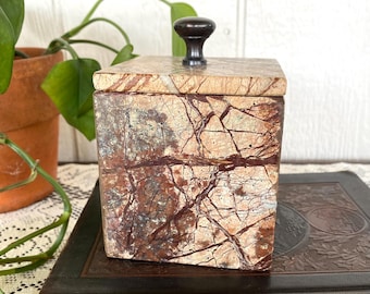 Vintage Genuine Marble Natural Stone Trinket Box, Brown Beautiful Lidded Box with Metal Knob 3.5”x3.5”x4.75”