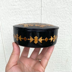 Black Round Vintage Russian Trinket Box with Intricate Straw Inlay Design, Handmade Jewelry Box