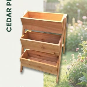 May include: A three-tiered cedar planter with a vertical frame and rectangular wooden boxes. The text CEDAR PLANTER is visible on the left side, and a circular badge with the text Fully Assembled is located at the bottom of the image.