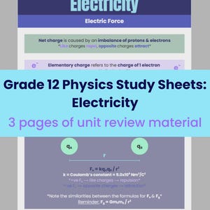 May include: A Grade 12 Physics study sheet on Electricity, featuring formulas and diagrams. The document includes key concepts and the title "Electricity" in bold text. The sheet includes the text "3 pages of unit review material."