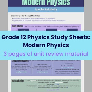 May include: A study sheet titled "Modern Physics" with the subtitle "Special Relativity." The document includes text about Einstein's theory, time dilation, length contraction, and mass dilation. The text is on a white background with blue and purple accents.