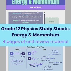 Könnte beinhalten: Ein Physik-Arbeitsblatt mit dem Titel "Energie & Impuls" mit Gleichungen und Diagrammen. Das Arbeitsblatt enthält Formeln für Impuls und Impuls, mit Beispielen. Der Text "Grade 12 Physics Study Sheets" ist ebenfalls sichtbar.