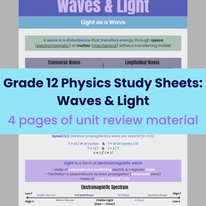 May include: A study sheet for Grade 12 Physics, titled "Waves & Light." The document includes information on light as a wave, transverse and longitudinal waves, and the electromagnetic spectrum. The study guide is 4 pages of unit review material.