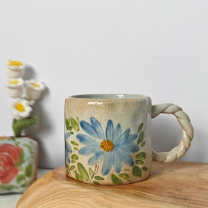 Hand Painted Cup,Floral Ceramic Mug,Home Kitchen Decor,Artisan Coffee or Tea Mug Gift,Mom Birthday Gift,Handmade Blue Daisy Coffee Cup