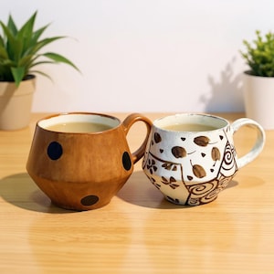 Artistic Stoneware Coffee Cups,Birthday Gift for Her,Polka Dot Coffee cup,Handmade Ceramic Art,Handmade Pottery Mug,Boho Pottery Tea Mugs