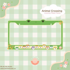 Può includere: Cornice verde per targa con accenti di rana e note musicali, con il testo "Animal Crossing Licence Plate Frame". La cornice ha la parola "SAFETRAVELS" in una fila di personaggi di rana. Lo sfondo è un motivo a quadri verde chiaro.