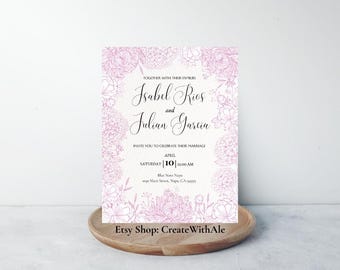 Elegante rosa Blumenhochzeitseinladung - Bearbeitbare & herunterladbare Vorlage