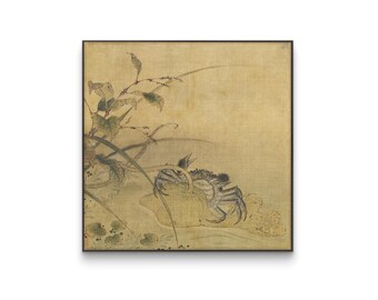 Loto otoñal con cangrejo de río, hojas marchitas y cangrejo de manopla. Pintura de naturaleza estacional. Obra clásica en tinta.