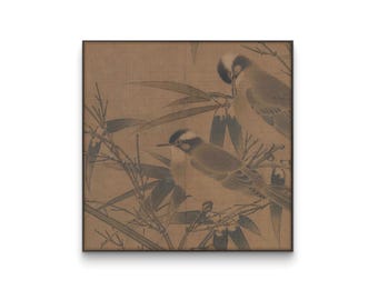 Dos pájaros en una rama de bambú, pintura china de pájaros, arte tradicional de pájaros posados, impresión de naturaleza asiática, obra minimalista de aves