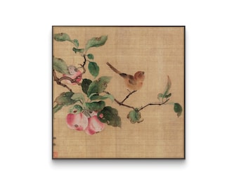 Rama de membrillo con pájaro cantor, pintura realista de la canción sureña, pájaro posado con frutos otoñales, impresión de arte clásico chino