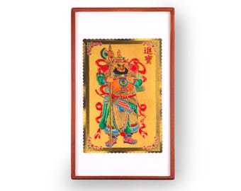 Lámina artística del Guerrero de la Riqueza - General chino "Trae Tesoros", decoración de pared con fondo dorado, símbolo de protección y abundancia, lista para colgar