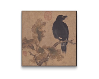 Pintura de pájaro miná otoñal, pájaro negro sobre un árbol marchito, arte clásico en tinta, impresión tradicional china de aves, descarga de arte de vida silvestre
