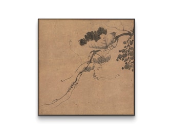 Arte en tinta de vid silvestre, pintura botánica abstracta, pinceladas de caligrafía oriental, lavado de tinta expresivo, decoración de pared cuadrada