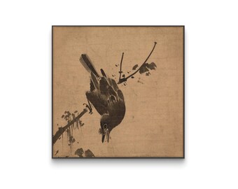 Arte minimalista de pájaros en tinta, pintura de pájaro boca abajo, impresión de pinceladas audaces, arte asiático contemporáneo, decoración zen moderna