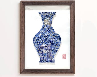 Jarrón de porcelana china, mosaico de cerámica artesanal, decoración con patrón azul y blanco, decoración creativa para colgar en la pared.