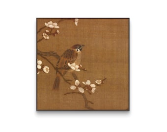 Impresión de flor de ciruelo suave, arte de aves en tonos neutros, estilo acuarela asiático, boceto botánico vintage, descarga digital de arte cuadrado