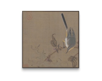 Lavandera gris sobre una rama en flor, pájaro pequeño sobre flores rosas, arte de aves al estilo de la dinastía Song, impresión de pintura de aves detallada