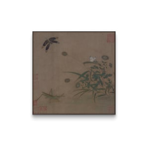 Dragonfly Grasshopper Nature Art, Insects with Plants Painting, Brown Fruits Blue Flowers, Detailed Botanical Wildlife Print