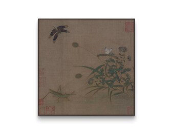 Arte natural de libélulas, saltamontes, insectos y plantas, frutas marrones y flores azules, impresión botánica detallada de vida silvestre.