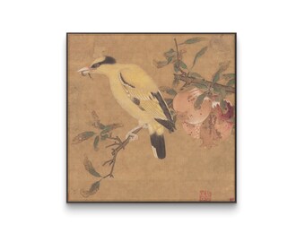 Arte de pájaro oropéndola, pintura de pájaro amarillo con granada, impresión tradicional de naturaleza, ilustraciones de aves silvestres, arte clásico chino