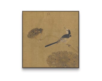 Arte de lavandera otoñal, pintura de pájaro sobre tallo de loto, escena de vida silvestre estacional, impresión artística de naturaleza tradicional china