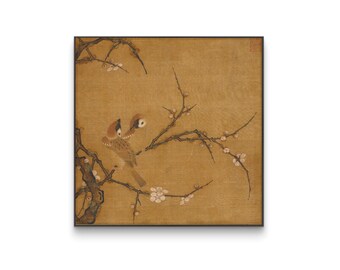 Impresión de flor de ciruelo en tonos apagados, arte asiático neutro, pintura de pájaro vintage, decoración de pared zen, boceto botánico de gorrión, arte imprimible