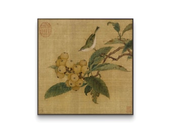 Lámina de níspero vintage, arte asiático neutro, pintura de aves orientales, decoración floral zen, descarga de arte botánico cuadrado