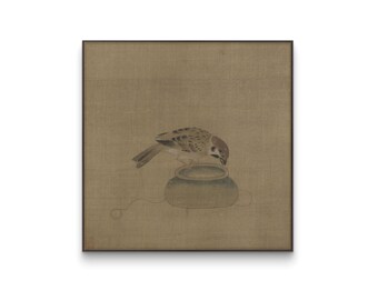 Gorrión en jarra de cerámica, pintura de pájaro en jarra antigua, arte rústico de aves, bodegón clásico, impresión de arte de naturaleza tradicional