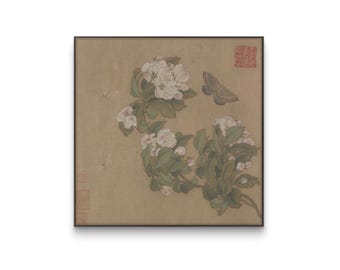 Flores de primavera y mariposas, rama floreciente con mariposas volando, arte botánico clásico, pintura de naturaleza estacional, estilo asiático