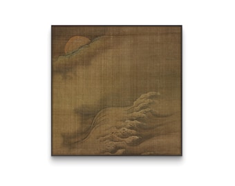 Pintura de olas y luna con tinta china, arte marino chino, impresión de olas oceánicas y luz de luna, paisaje acuático tradicional, decoración de pared asiática
