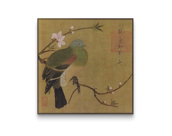 Arte de pájaro en flor de durazno, impresión de paloma con lomo verde, pintura floral primaveral, decoración de pared de naturaleza asiática, descarga digital cuadrada