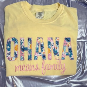 Ohana means family floral Stitch appliqué design t-shirt