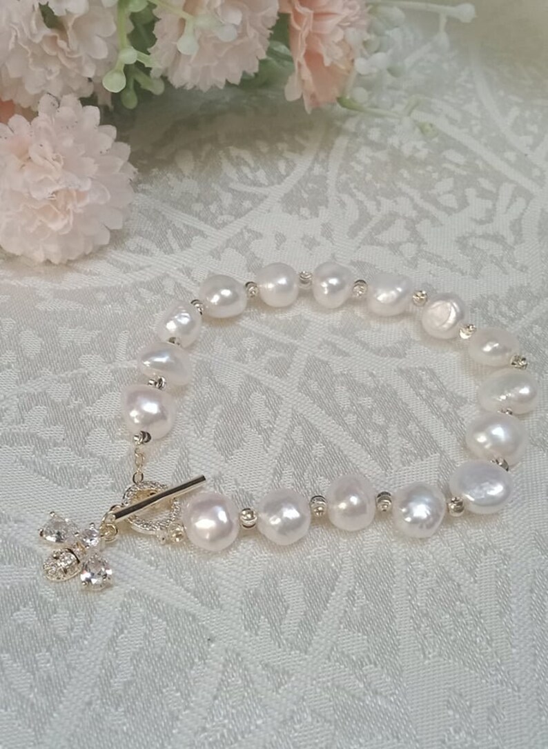 Busy Bee Freshwater Baroque White Pearl Toggle Bracelet , Dangle Charm Bracelet, Birthday Gift Idea image 2