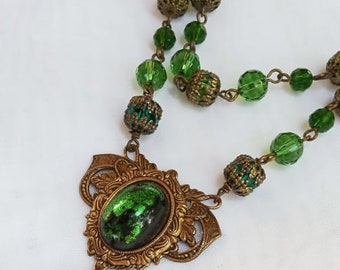 Handmade Czech Glass Opal Green Pendant Victorian Inspired Necklace, Renaissance Inspired Jewelry