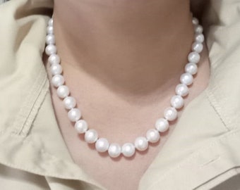 High Quality White Luster Philippines Freshwater Pearl Necklace, 11mm Hand-Knotted Necklace,17 inches, Mothers Day Gift Gift, Bridal Jewelry