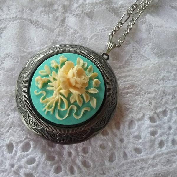 Round Green Cameo Locket necklace. Long necklace. Big Pendant. Birthday Gift Idea Gift for Her.
