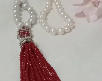 Genuine Freshwater White & Light Gray Pearl Necklace with Ruby crystals pendant, Knotted Necklace,28 inches, Classic Jewelry