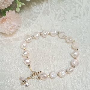 Busy Bee Freshwater Baroque White Pearl Toggle Bracelet , Dangle Charm Bracelet, Birthday Gift Idea image 1