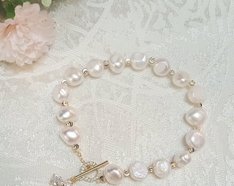 Busy Bee Freshwater Baroque White Pearl Toggle  Bracelet , Dangle Charm Bracelet, Birthday Gift Idea