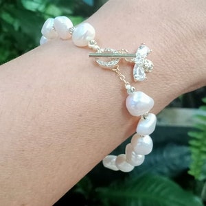 Busy Bee Freshwater Baroque White Pearl Toggle Bracelet , Dangle Charm Bracelet, Birthday Gift Idea image 3