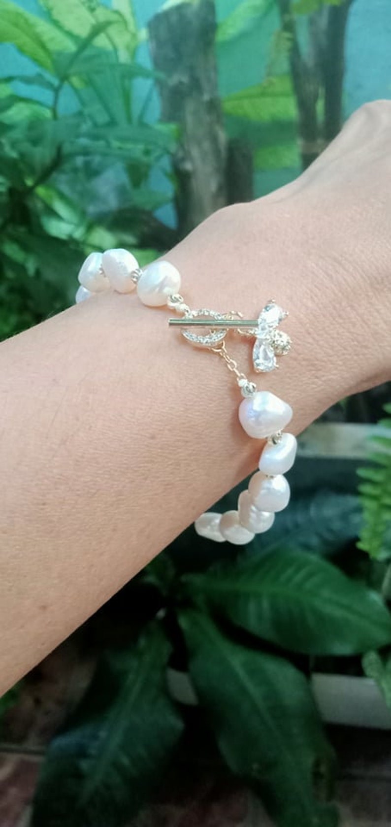 Busy Bee Freshwater Baroque White Pearl Toggle Bracelet , Dangle Charm Bracelet, Birthday Gift Idea image 3