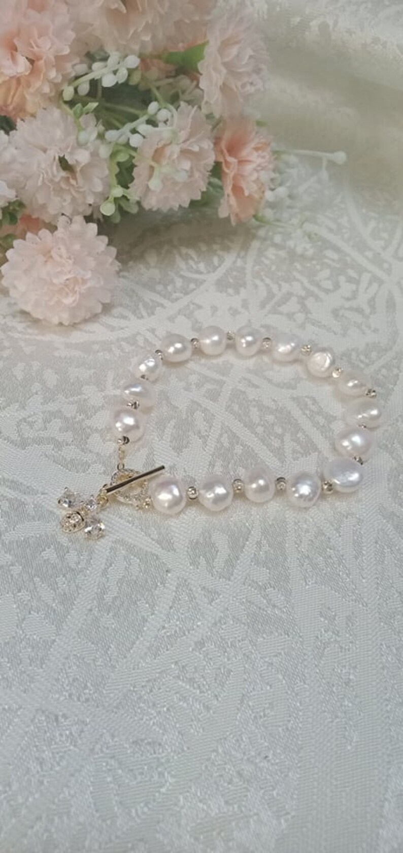 Busy Bee Freshwater Baroque White Pearl Toggle Bracelet , Dangle Charm Bracelet, Birthday Gift Idea image 5