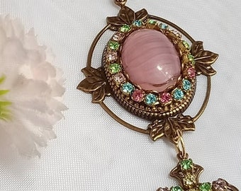 Pink Quartz Glass Cabochon Vintage style necklace Glass Rhinestones High Quality Brass Oxidized materials Victorian style Necklace Gift idea