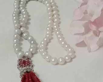 Genuine Freshwater White & Light Gray Pearl Necklace with Ruby crystals pendant, Knotted Necklace,28 inches, Classic Jewelry