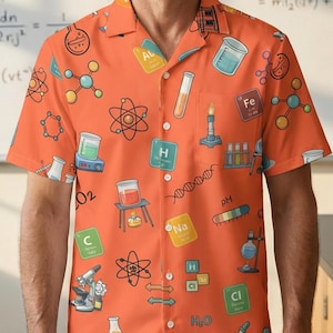 May include: An orange button-down shirt with a science theme. The shirt features various science-related graphics, including atoms, beakers, and chemical symbols. The background includes a whiteboard with equations and lab equipment.