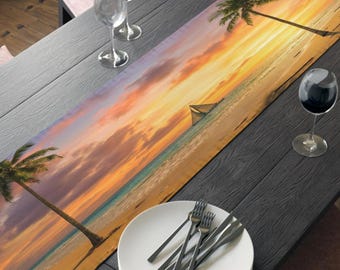 Sunset Beach Scene Table Runner | Coastal Dining Decor, Sailboat Design